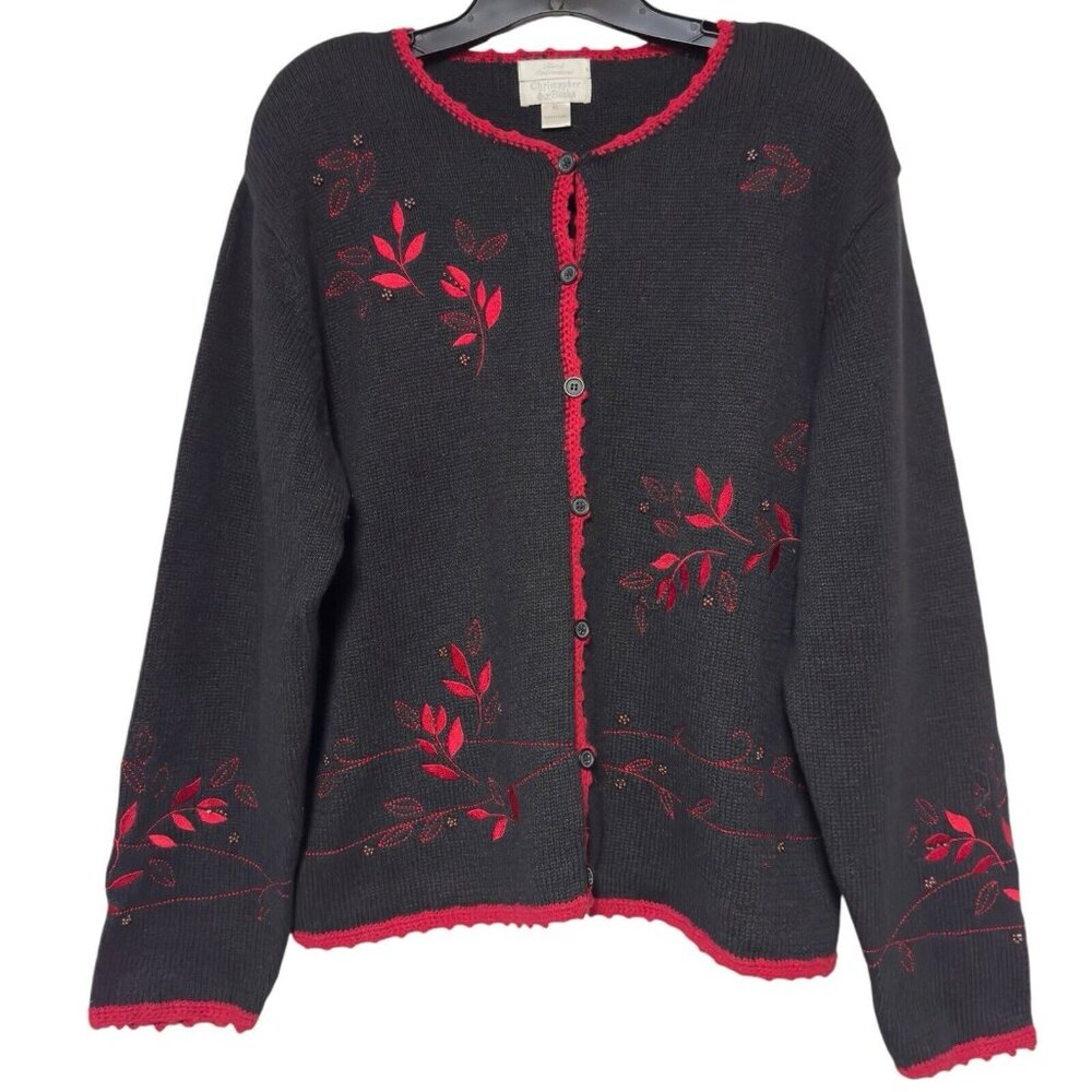 Vintage Christopher Banks Hand Embroidered Black Red Sweater Beaded Cardigan XL - Picture 1 of 13